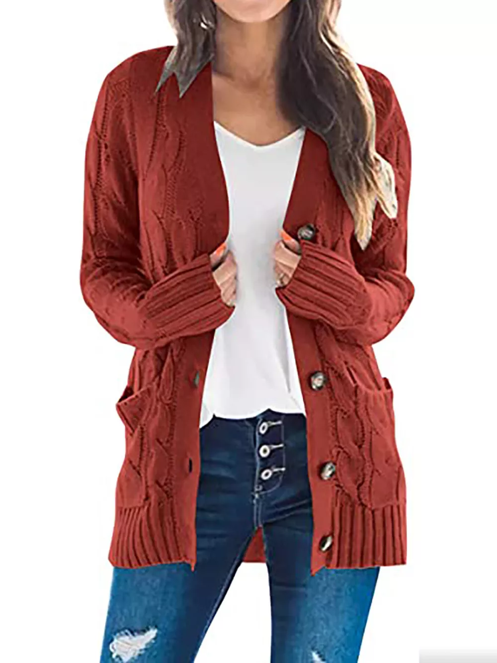 Full Size Chunky Cable Knit Button-Down Cardigan Plus Size, image 8