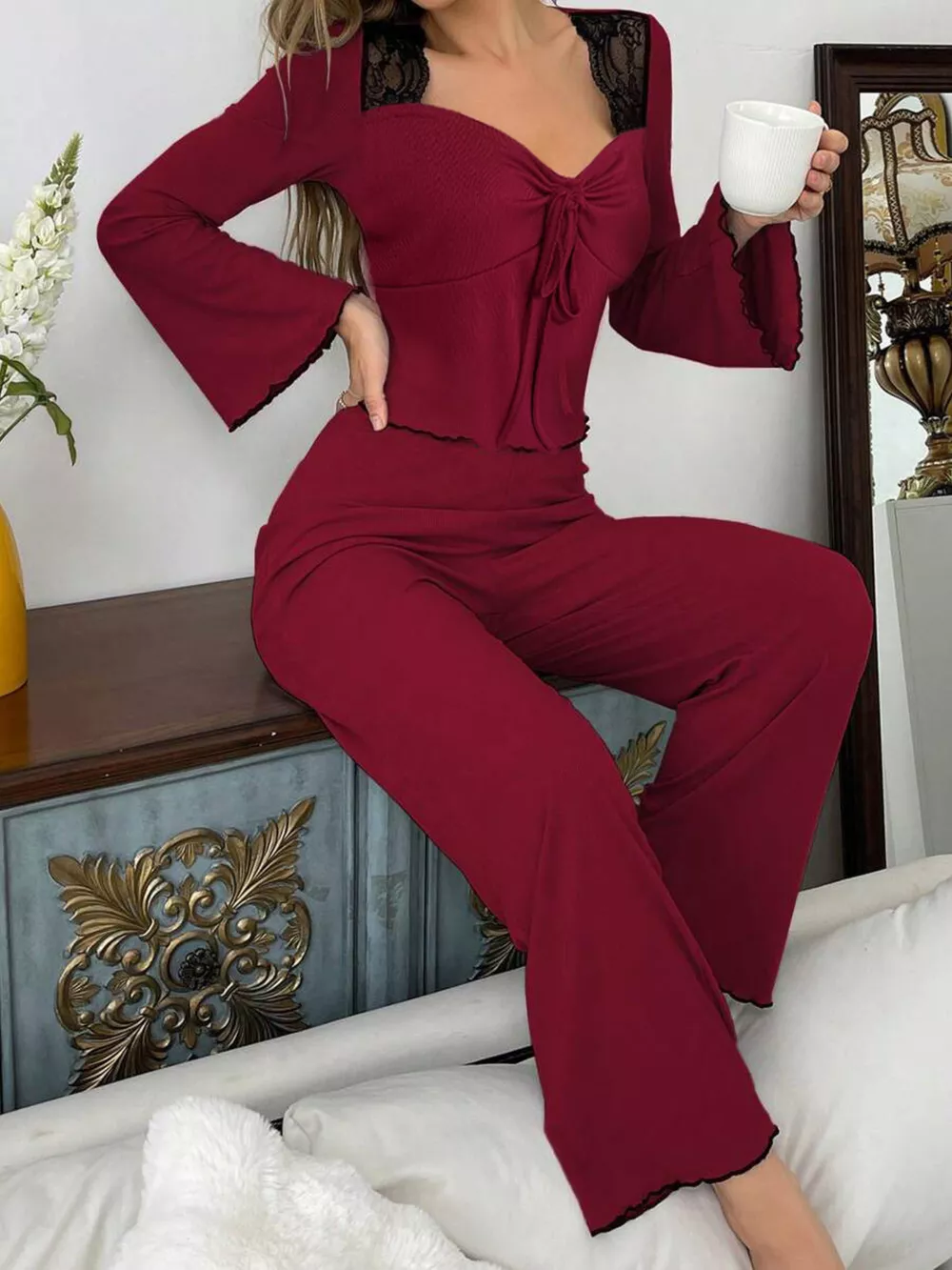 Lace Detail Flare Sleeves Top and Pants Lounge Set, image 12