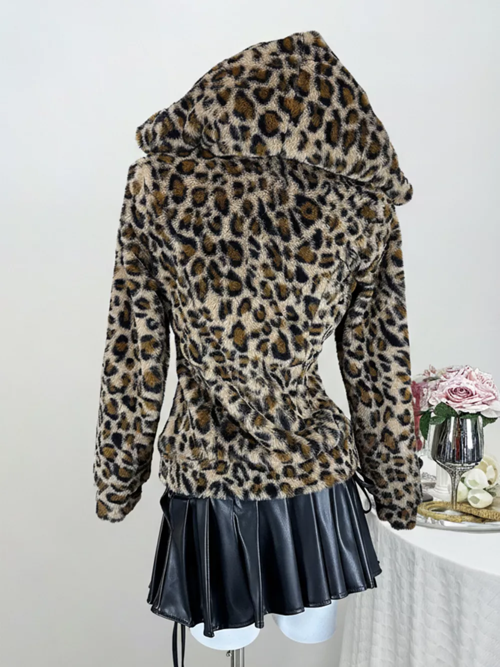 Leopard Plush Zip-Up Hooded Outerwear, image 5