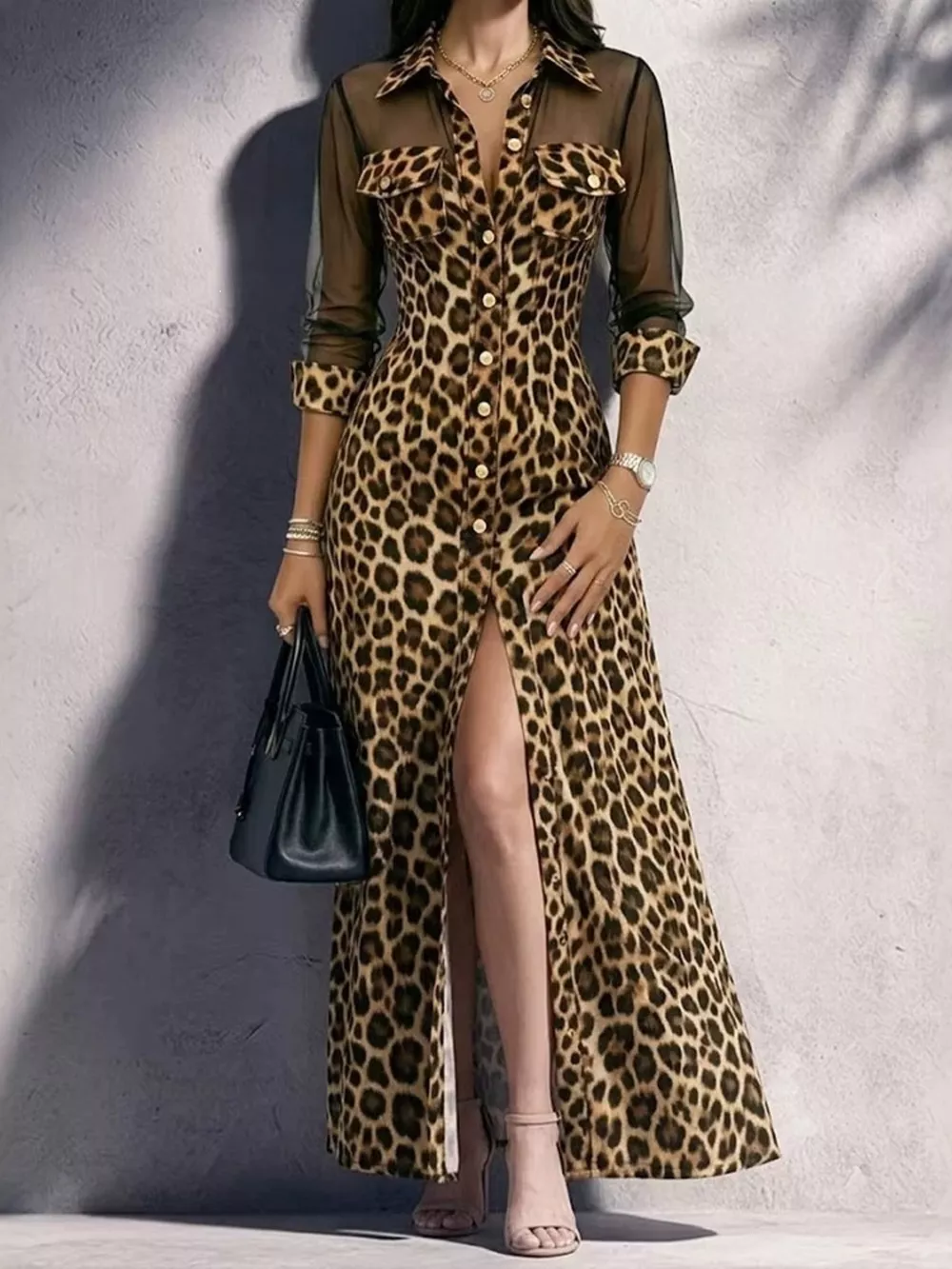 Full Size Leopard Sheer Mesh Long Sleeve Button-Down Maxi Dress Plus Size, image 5