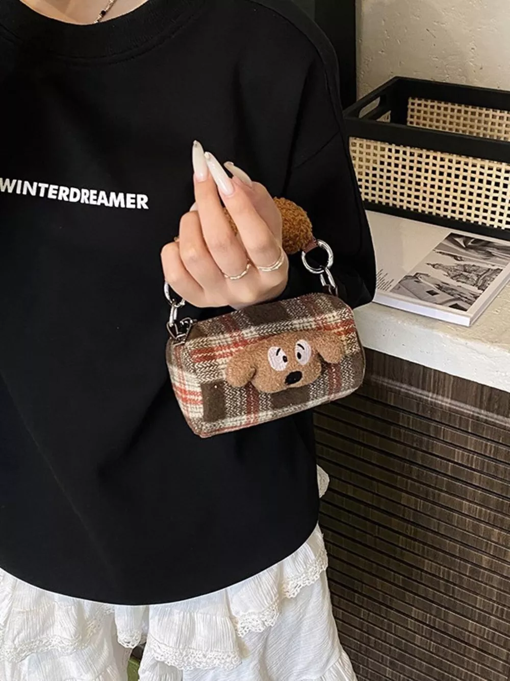 Plaid Pattern Plush Trim Crossbody Bag, image 7