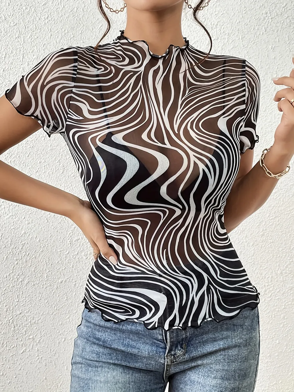 Psychedelic Wave Print Mock Neck T-Shirt, image 3
