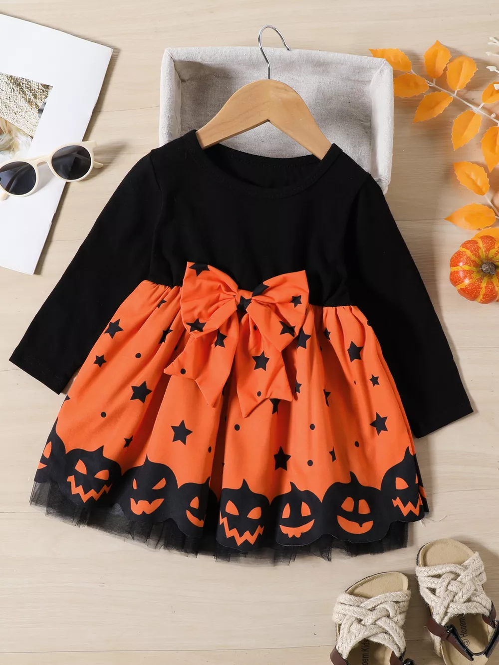 Children's Halloween Pumpkin Print Bowknot Long Sleeve Dress