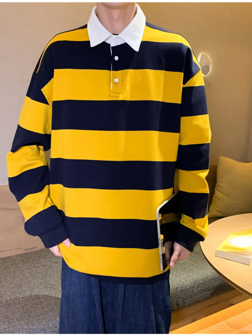 Men's Contrast Striped Long Sleeve Polo, image 7
