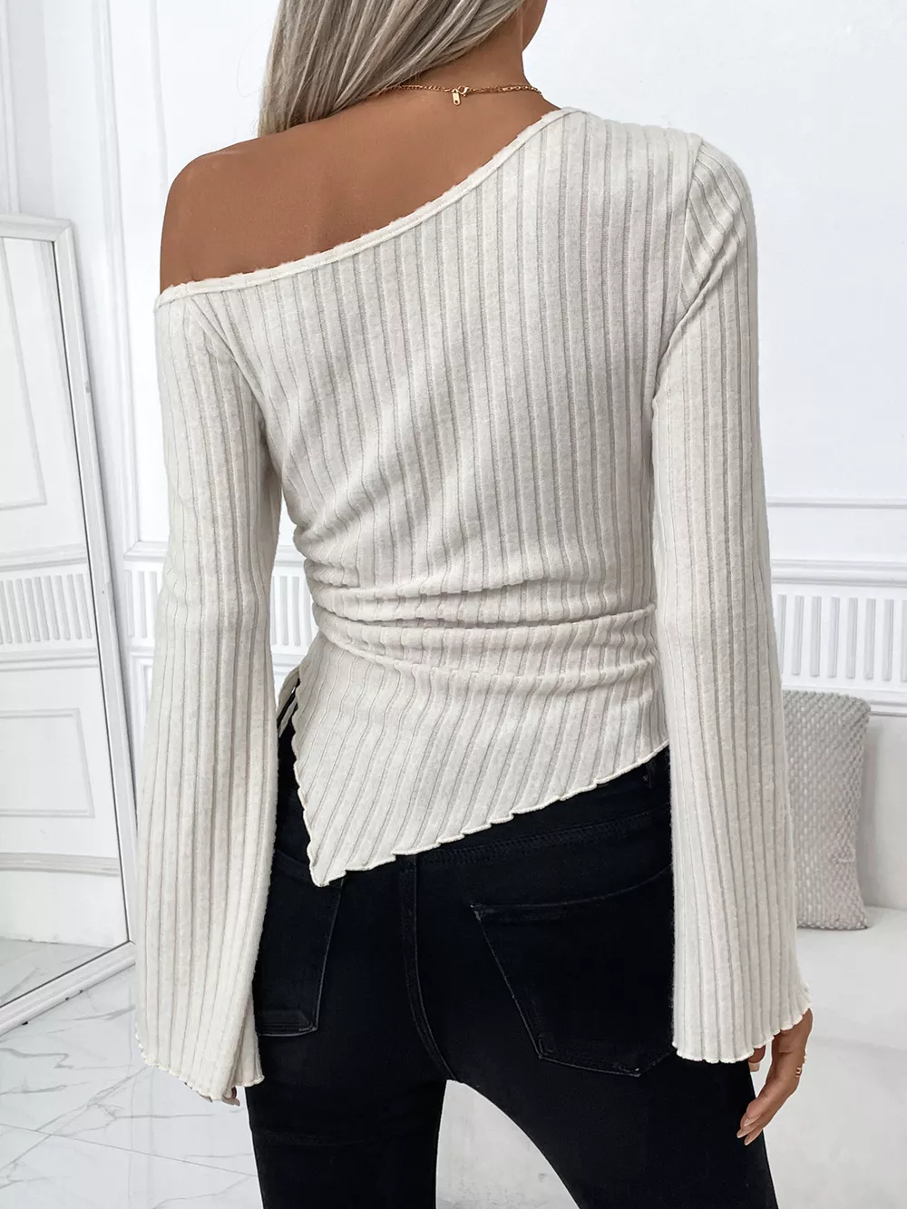 Ribbed One Shoulder Asymmetrical Hem T-Shirt, image 3