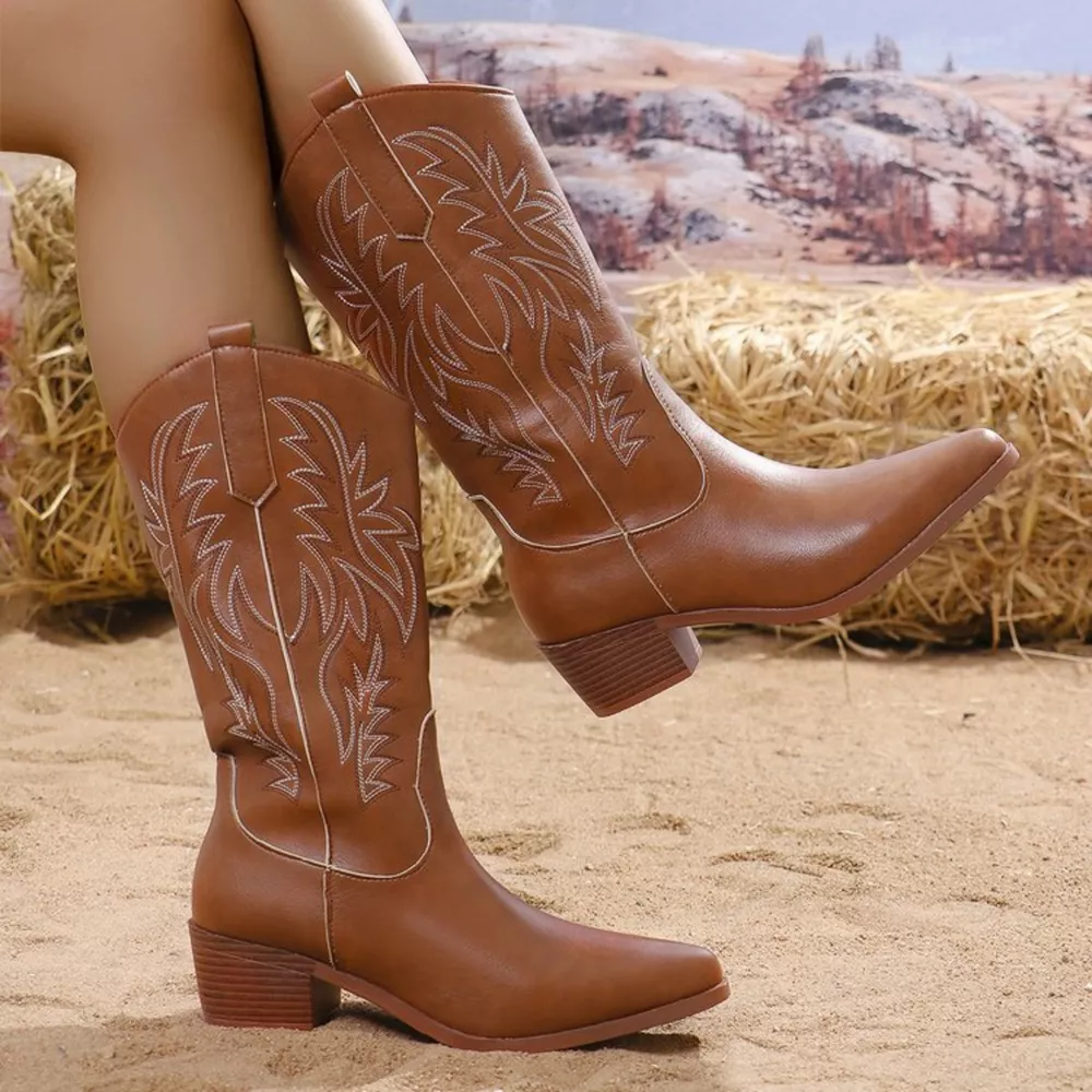Embroidered Point Toe Block Heels Boots, image 4