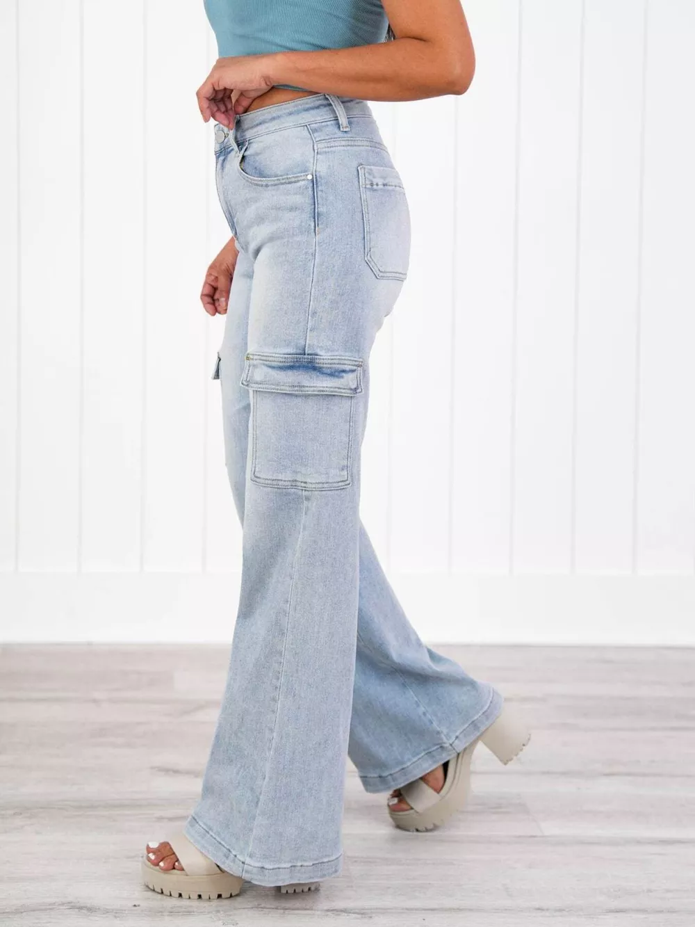 Full Size Wash Wide Leg Cargo Jeans Plus Size, image 2