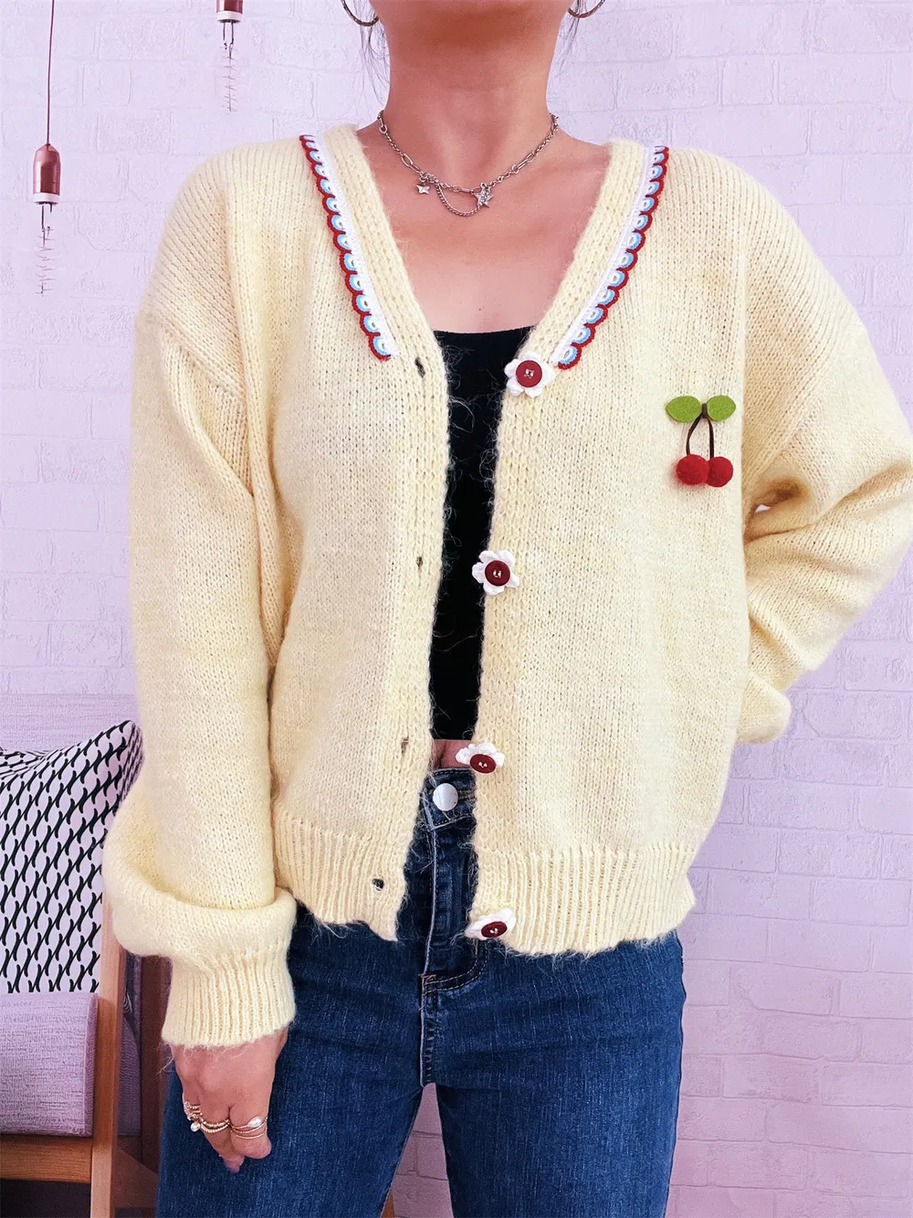 Cherry Button-Front Long Sleeve Cardigan, image 13