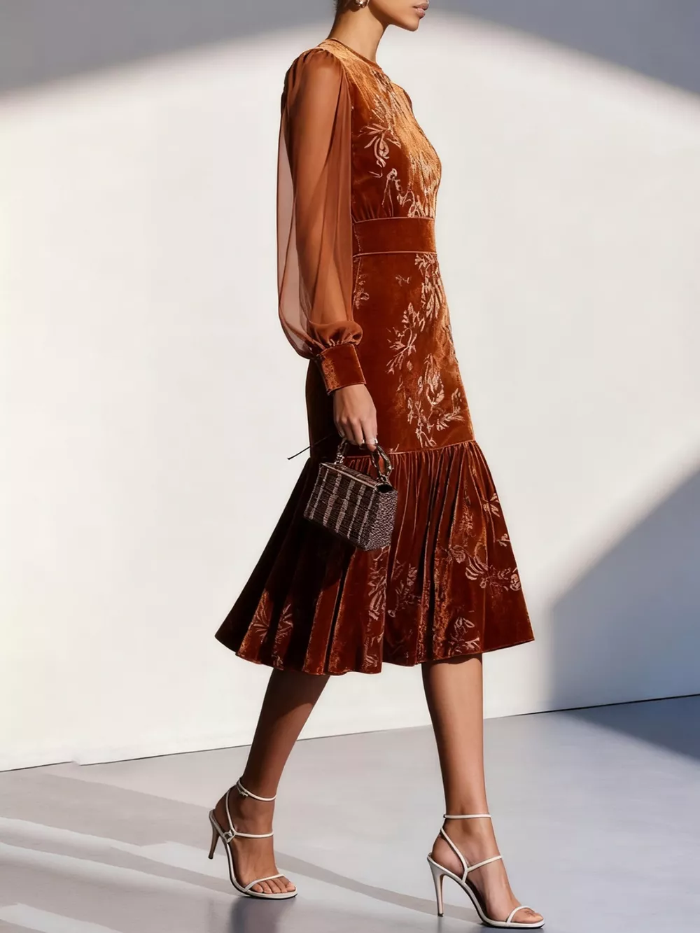 Velvet Floral Lantern Sleeve Midi Dress, image 3