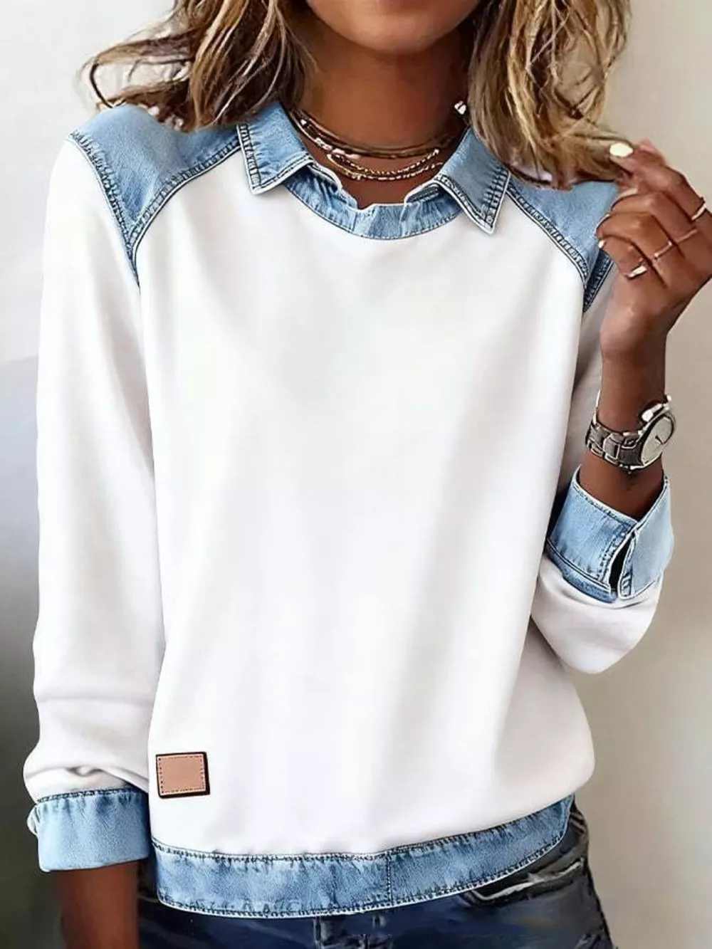 Full Size Denim Trim Long Sleeve Top Plus Size, image 10