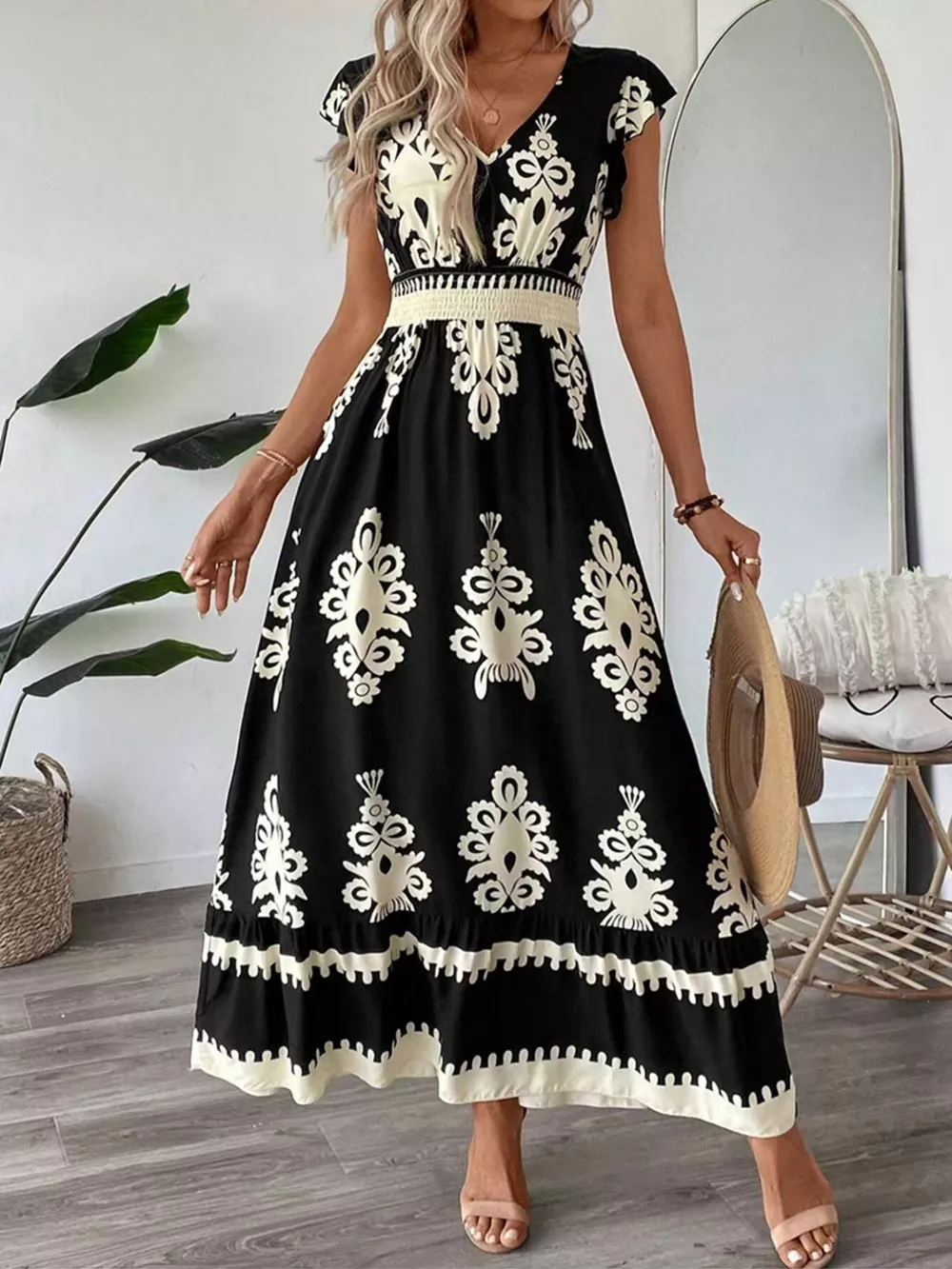 Ruffled Printed V-Neck Maxi Dress, image 12