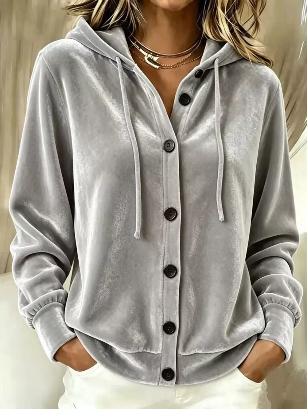 Full Size Velvet Button-Down Hooded Outerwear Plus Size, image 13