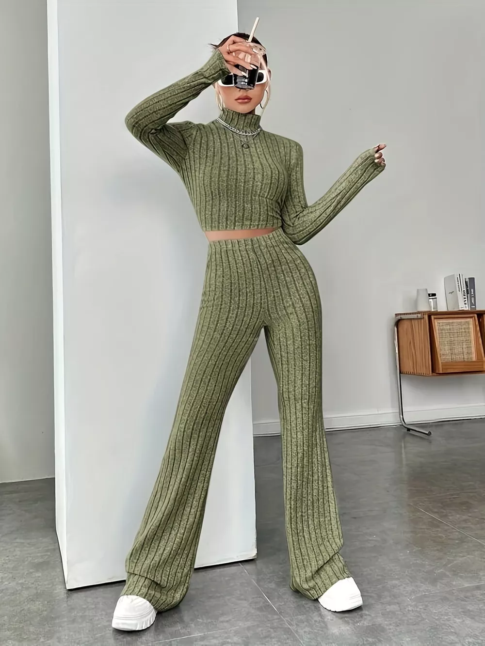 Ribbed Turtleneck Crop Top and Flare Pants Sweater Set, image 2