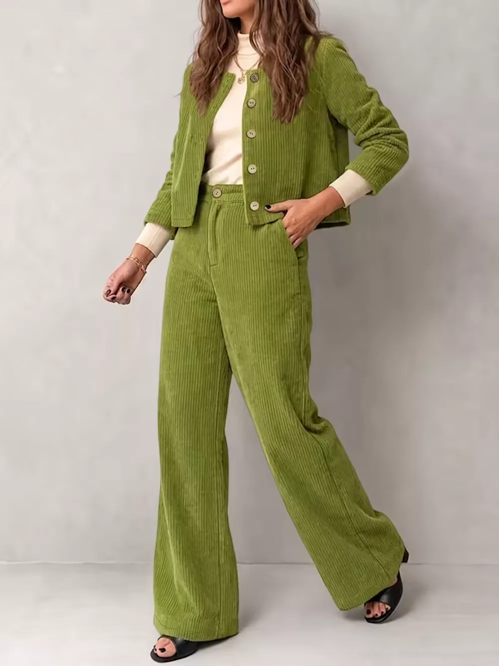 Full Size Corduroy Button-Down Jacket and Wide-Leg Pants Two-Piece Set Plus Size