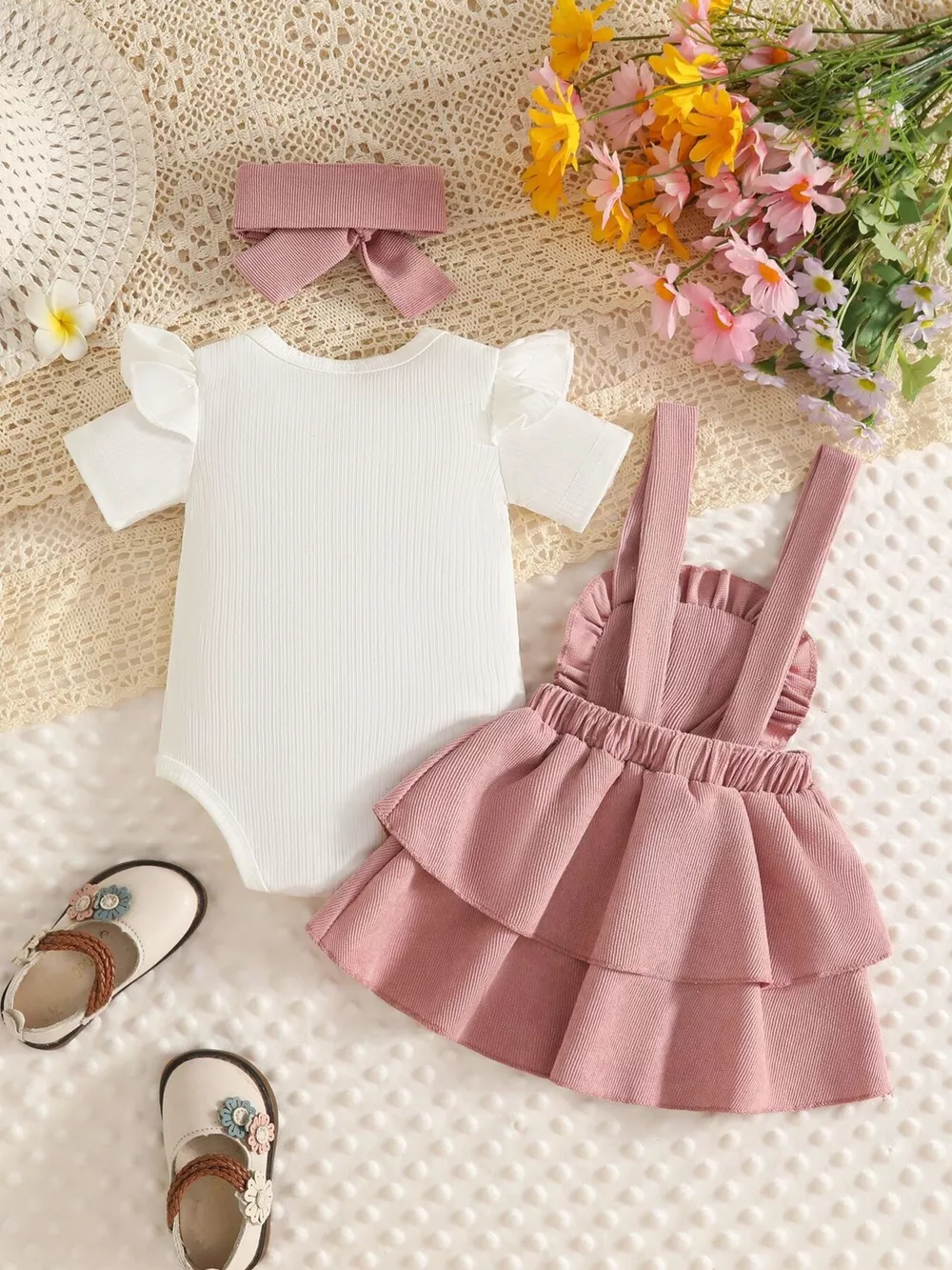 Children's Ribbed Top and Floral Overall Dress Set with Headband, image 2