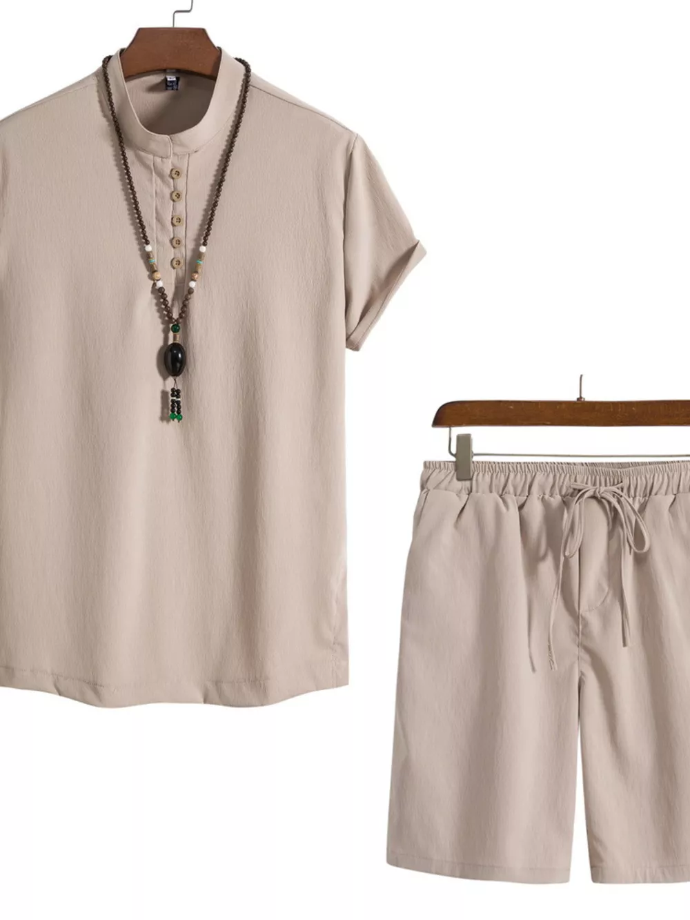 Men's Plus Size Casual Mandarin Collar Short Sleeve Shirt and Shorts Set, image 2