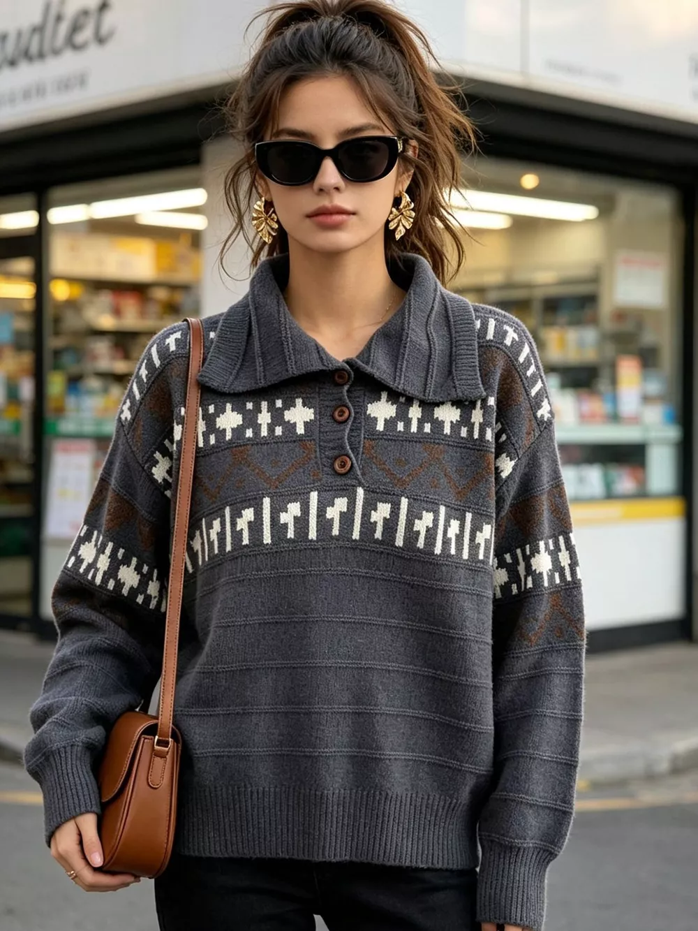 Vintage-Inspired Fair Isle Patterned Polo Sweater, image 10