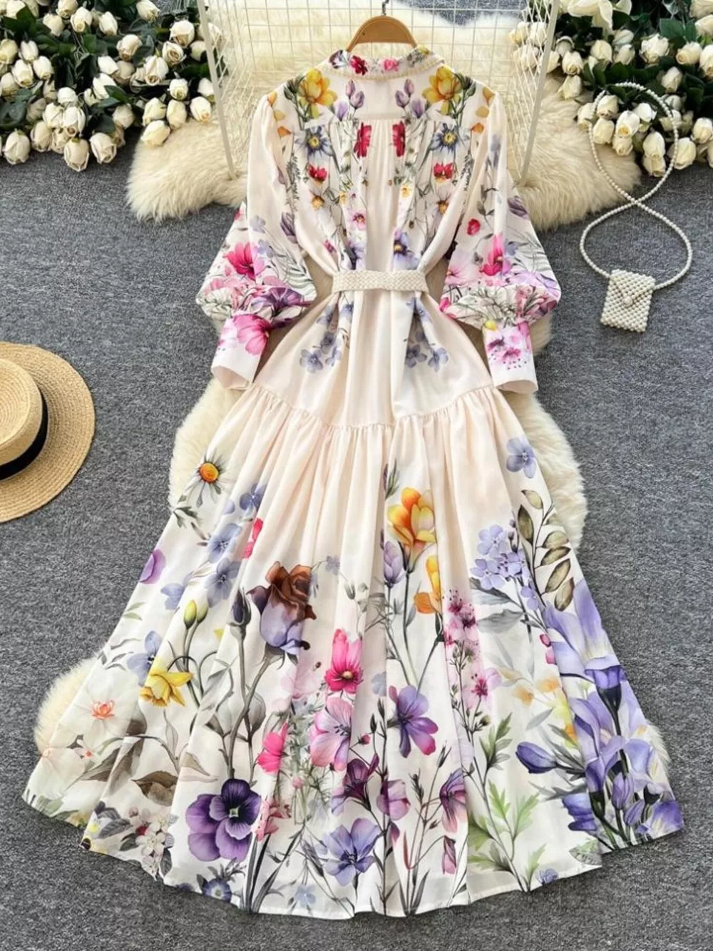 Floral Print Lantern Sleeve Midi Dress, image 2