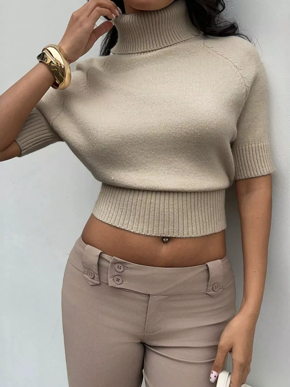 Turtleneck Short-Sleeve Cropped Sweater