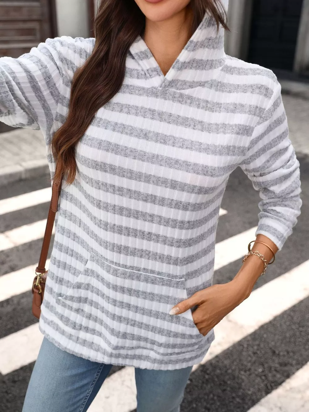 Casual Striped Ribbed Knit Hoodie with Kangaroo Pocket, image 2