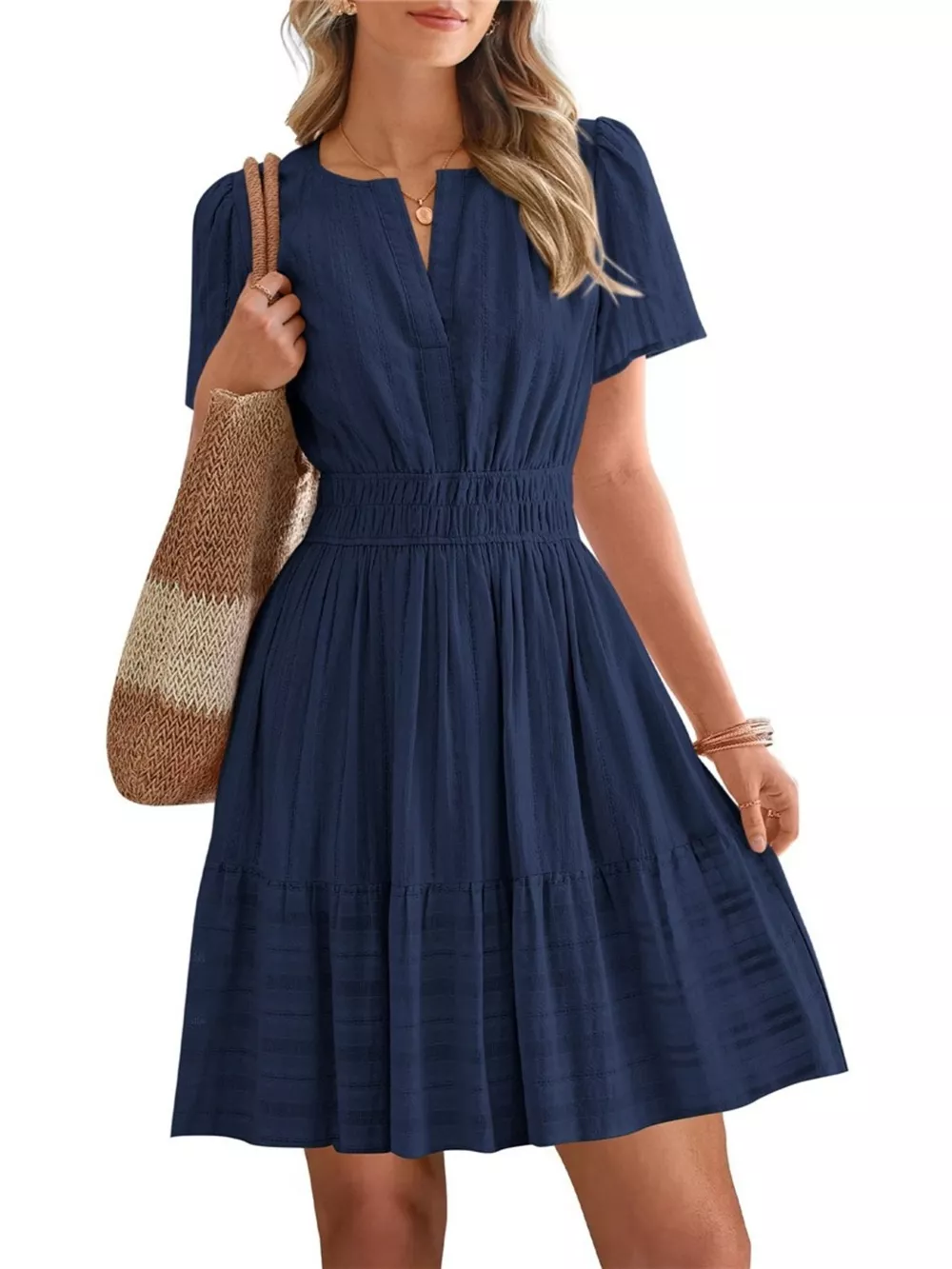 Short Sleeve Smocked Waist Tiered Dress, image 31