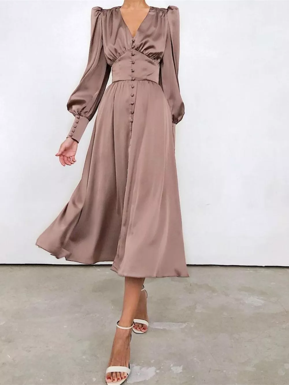 Elegant V-Neck Puff Sleeve Button-Down Midi Dress, image 24