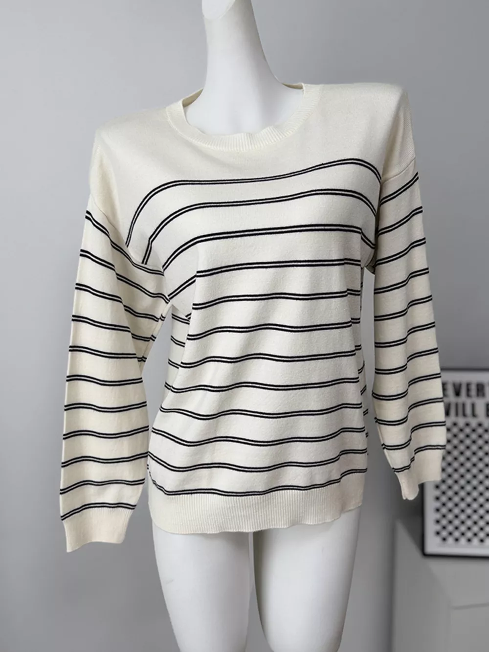 Classic Striped Crewneck Knit Top with Layered Sweater Detail, image 2
