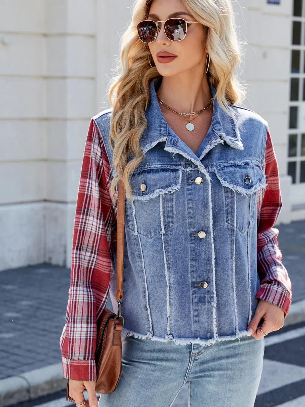 Raw Hem Plaid Sleeve Denim Jacket, image 5