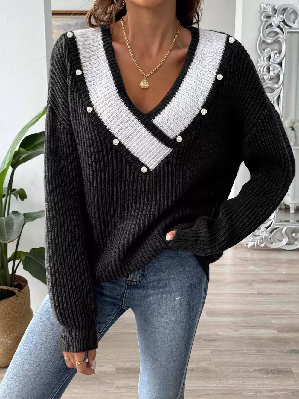 V-Neck Button-Decorated Sweater, image 11