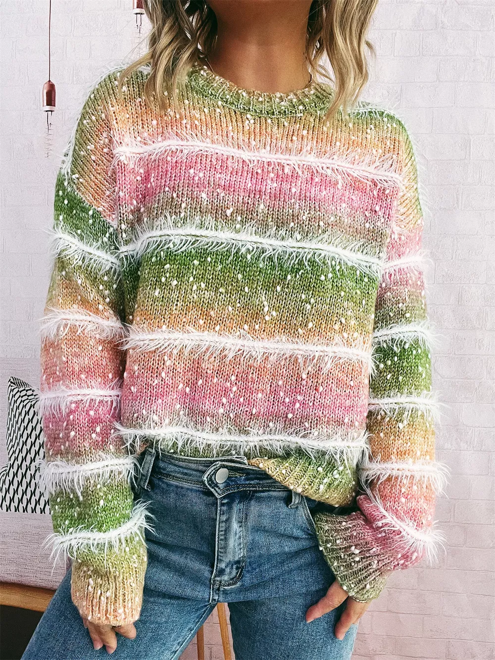 Gradient Striped Round Neck Sweater, image 8
