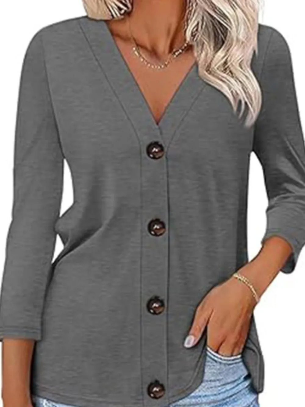 V-Neck Button Front Casual Top, image 2