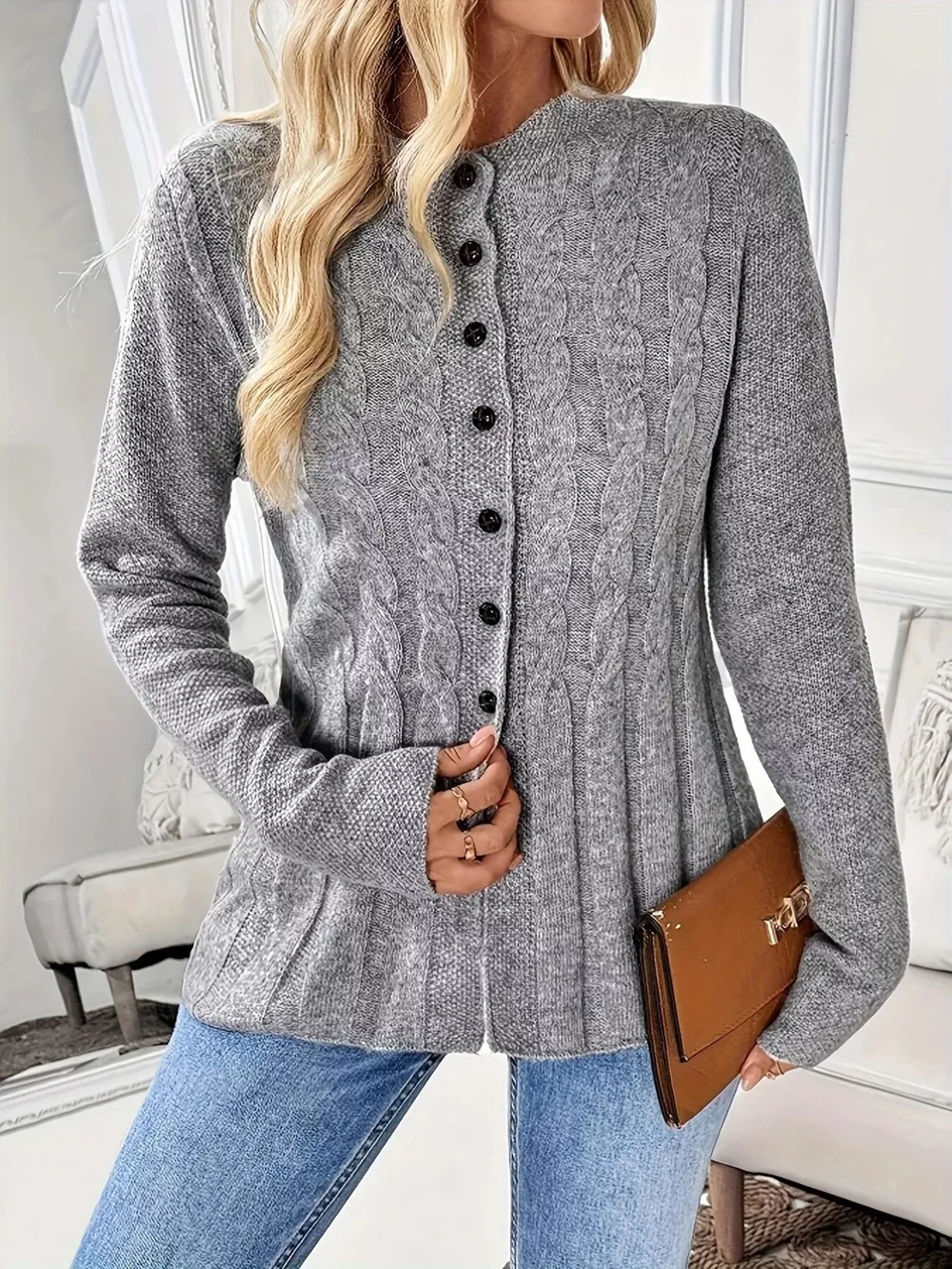 Cable Knit Button Up Cardigan, image 3