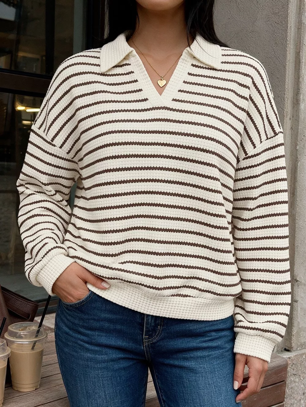 Striped Polo Collar Knit Sweatshirt, image 4