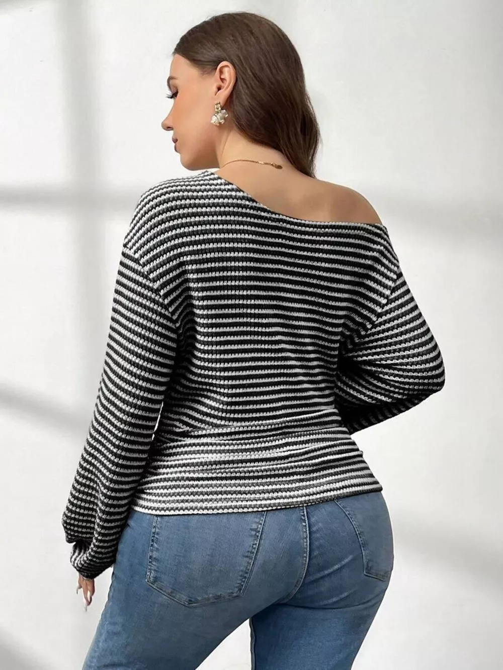 Plus Size Striped One-Shoulder Long Sleeve T-Shirt, image 4