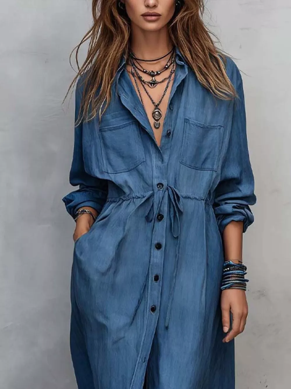 Full Size Button Front Long Sleeve Shirt Dress Plus Size, image 2