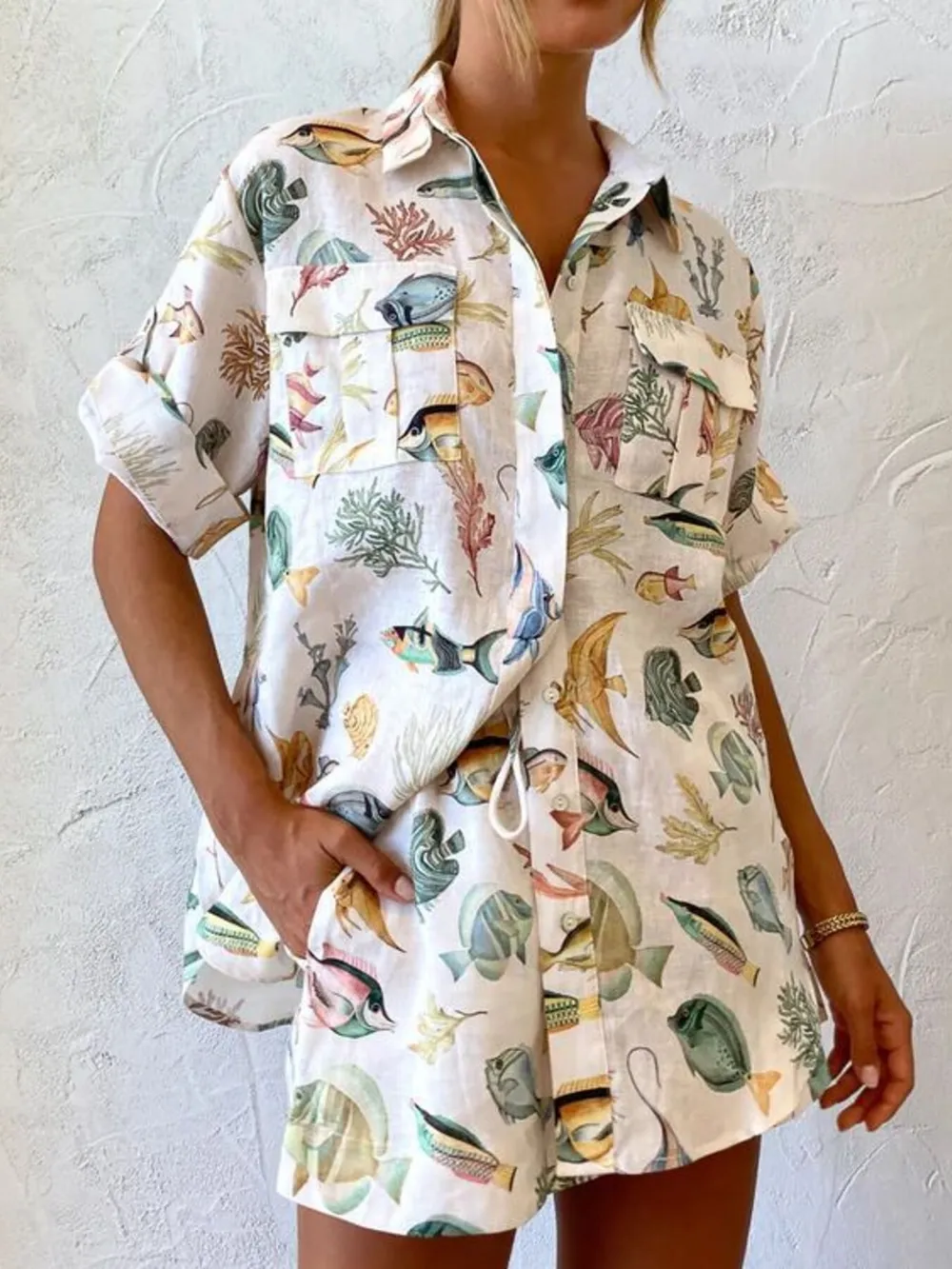 Tropical Print Oversized Button-Up Shirt and Shorts Set, image 3