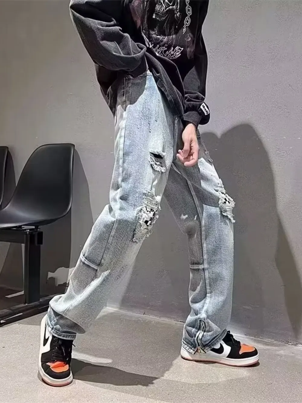 Men's Full Size Ripped Checkerboard Patchwork Jeans Plus Size, image 2