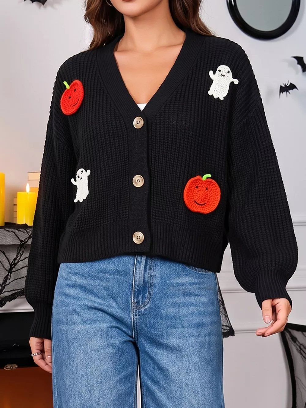 Halloween Pumpkin and Ghost Applique Knit Cardigan, image 2