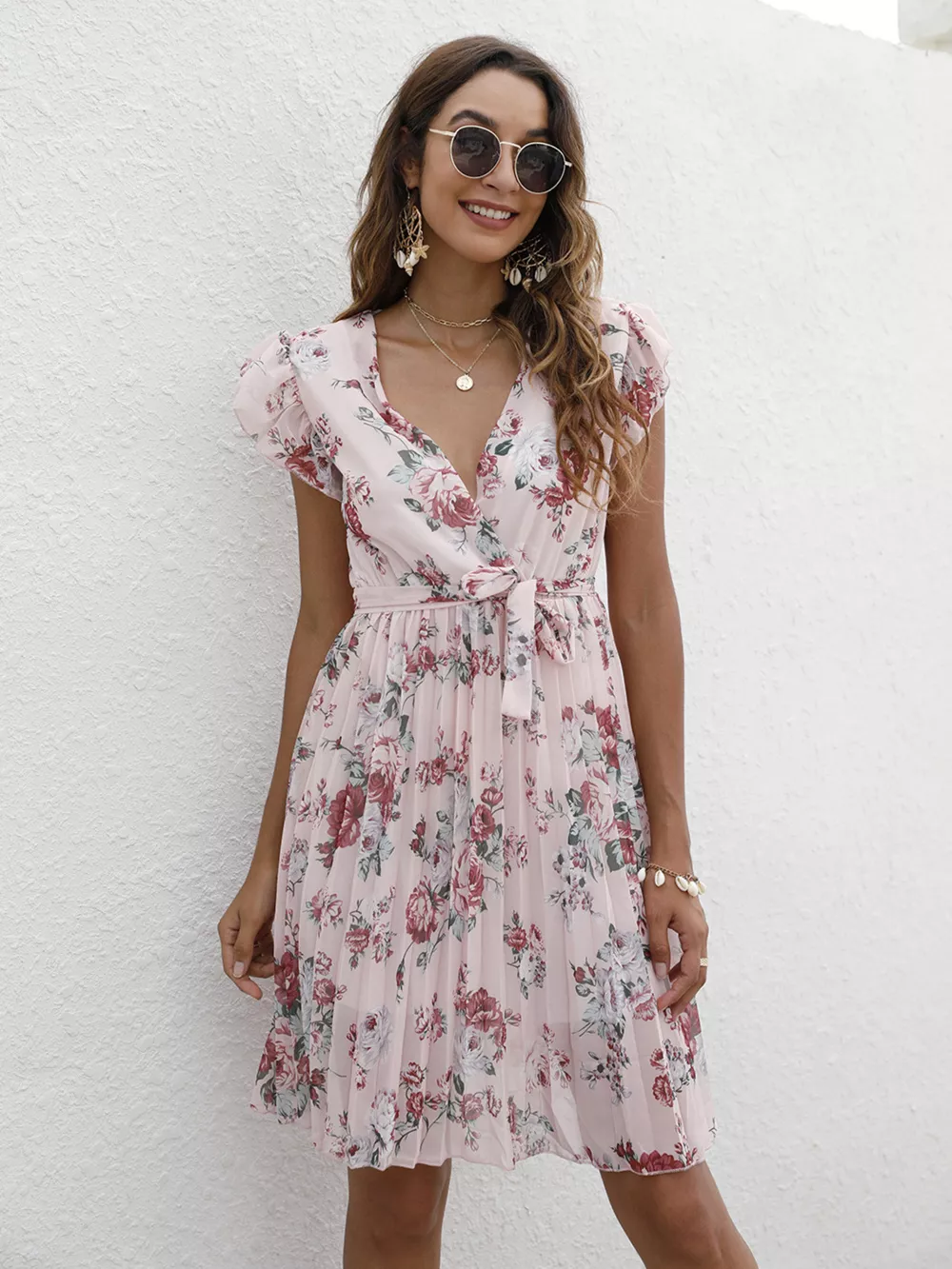 Pleated Floral Print Ruffle Sleeve Dress, image 3