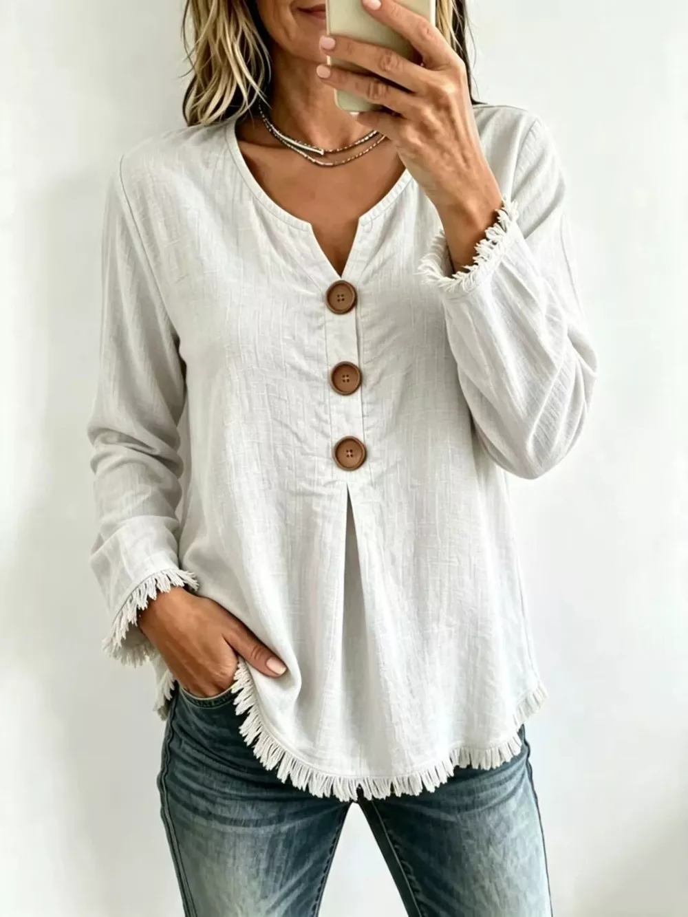 Full Size Frayed Hem Long Sleeve Blouse Plus Size, image 5
