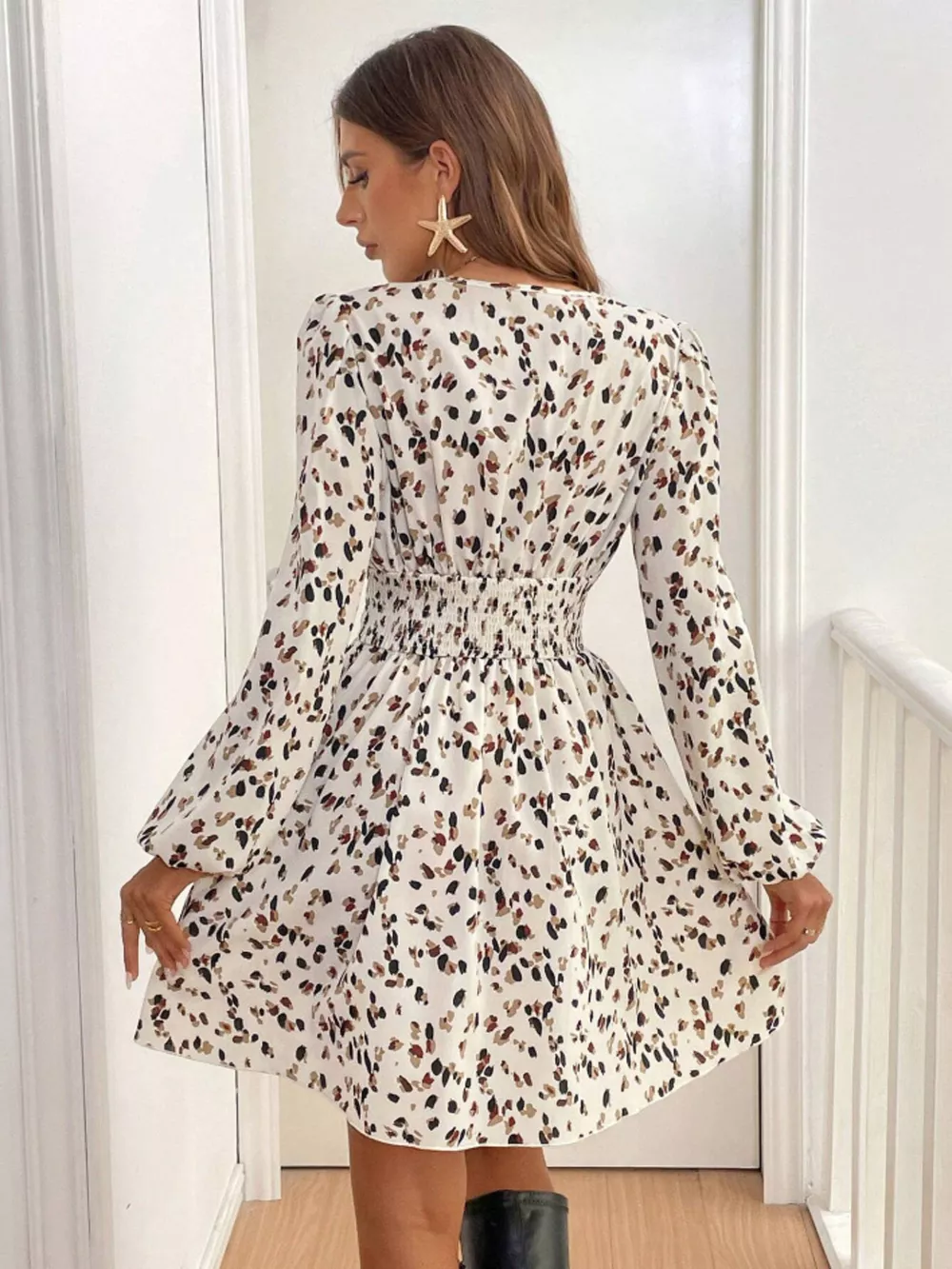 Printed Balloon Sleeve Mini Dress, image 7