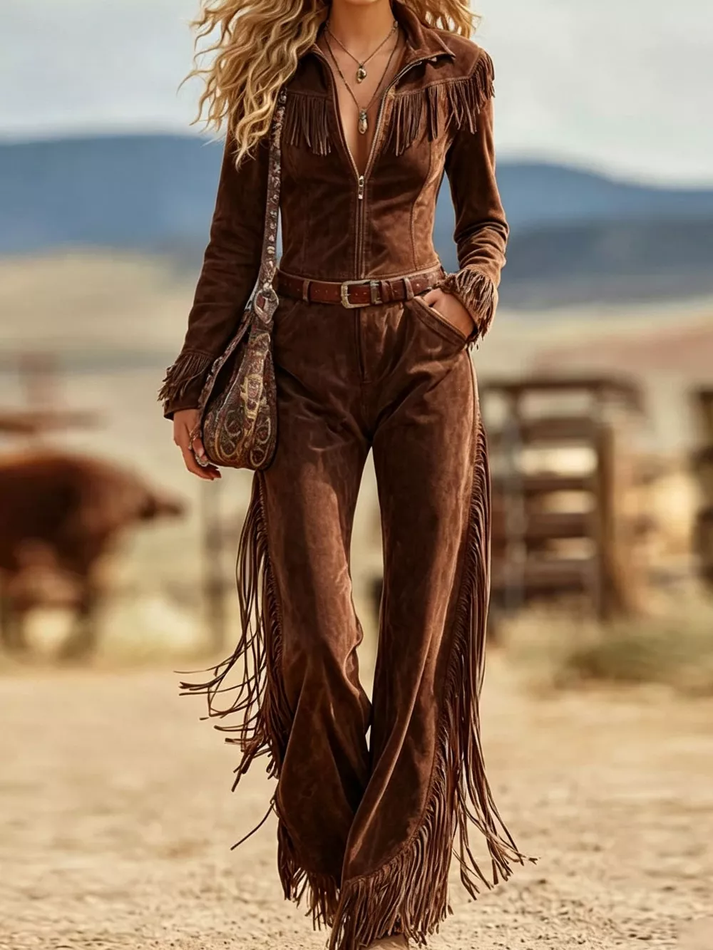 Western-Inspired Suede Fringe Jumpsuit with Zipper Front, image 3