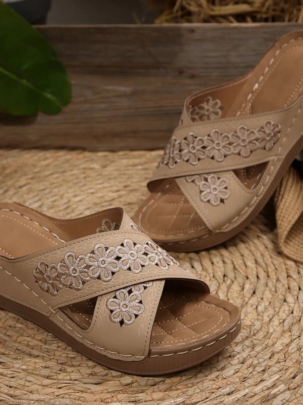 Crisscross Flower Wedge Sandals, image 8