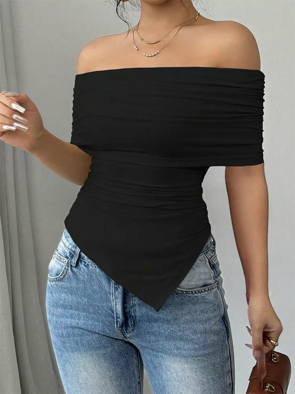 Off-Shoulder Ruched Asymmetrical Hem Top, image 10