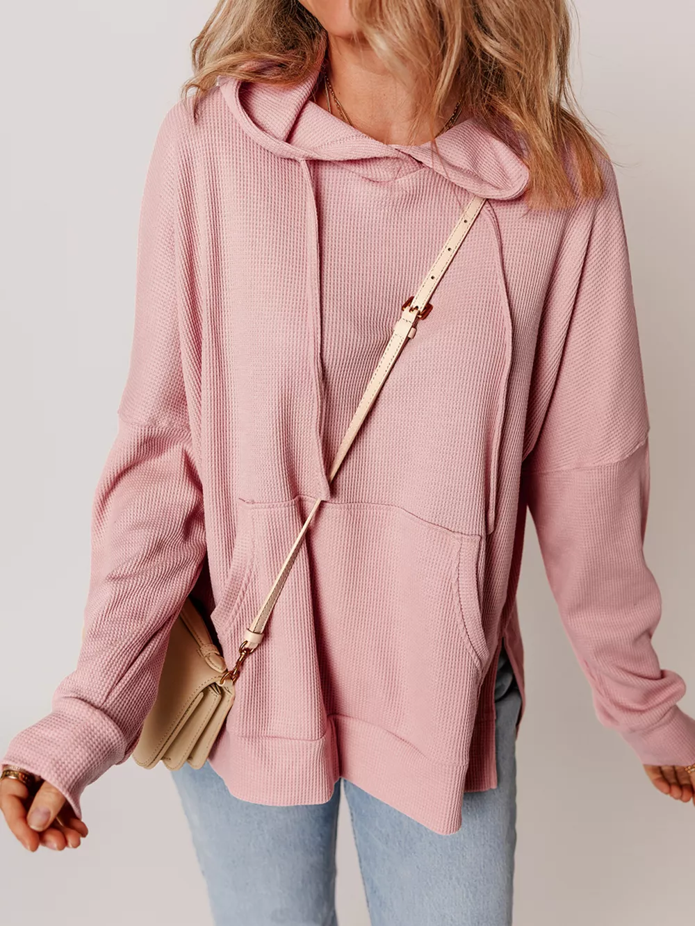 Waffle Knit Fleece Lined High Low Oversized Hoodie, image 10