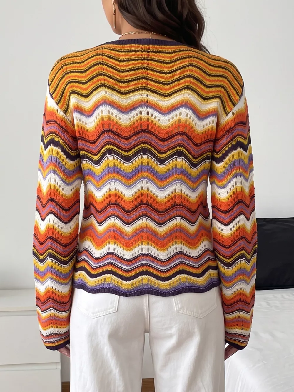 Vibrant Chevron Striped Tie-Front Knit Cardigan, image 3