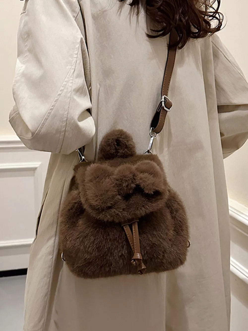 Fuzzy Plush Drawstring Backpack Bag, image 9