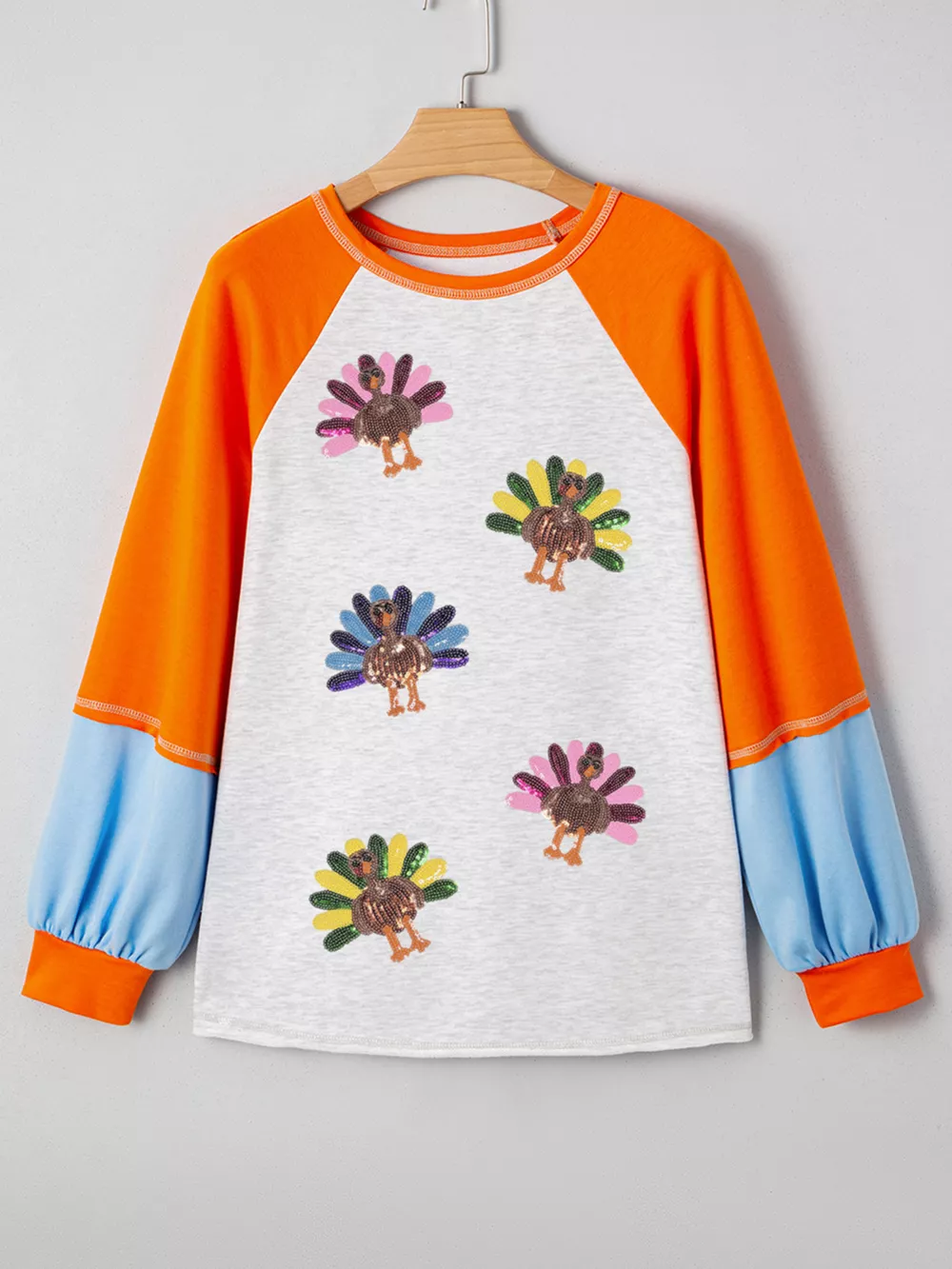 Thanksgiving Turkey Sequin Color Block Raglan Sleeve Top, image 4