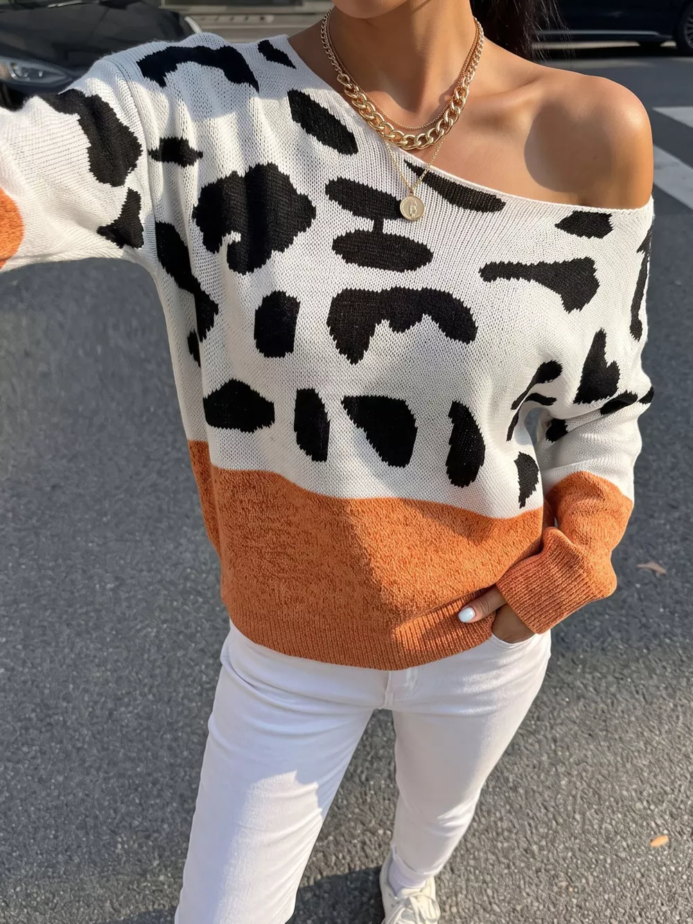 Full Size Off-Shoulder Colorblock Animal Print Sweater Plus Size, image 2