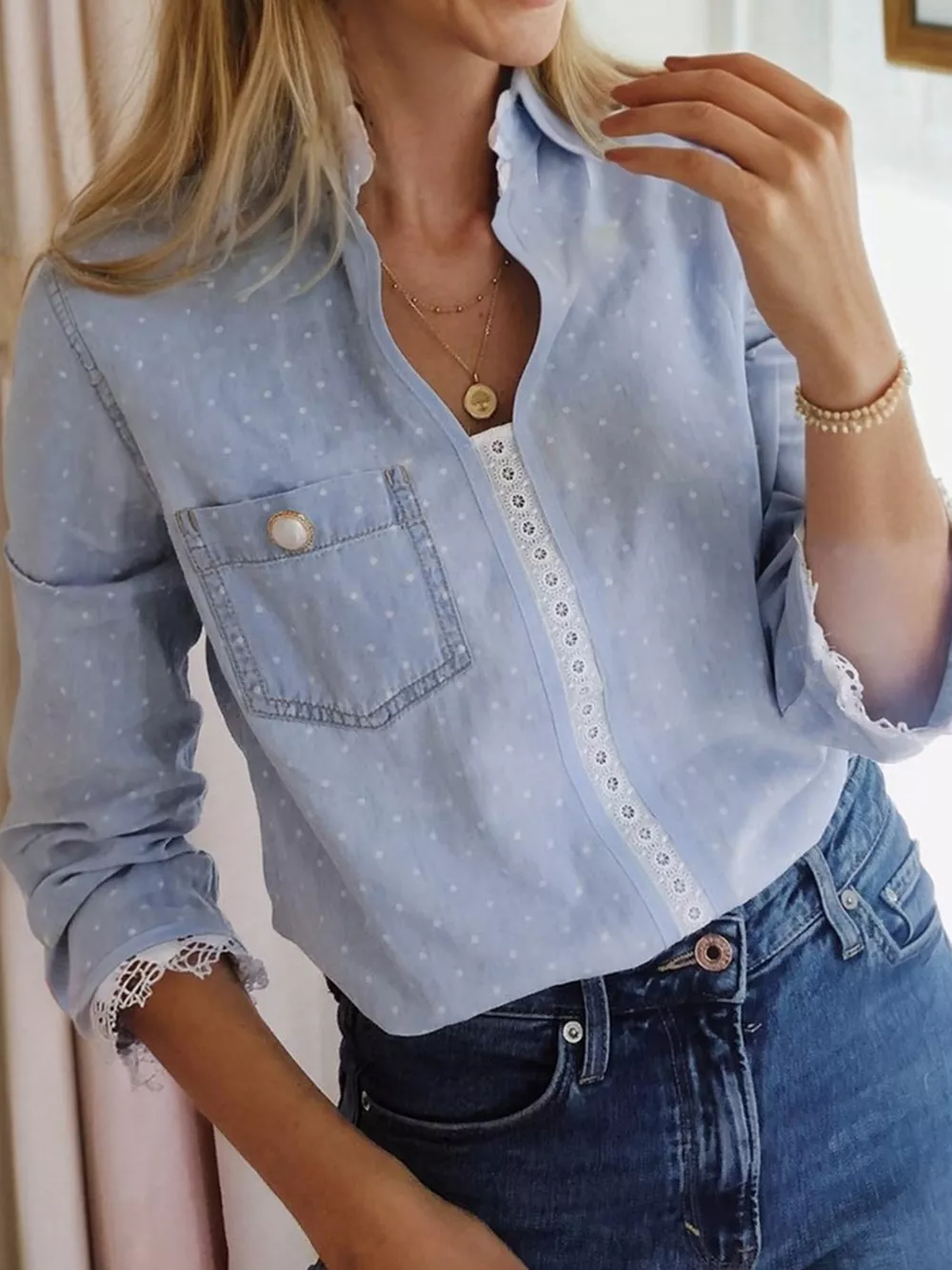 Lace Trim Patchwork Dotted Print Collared Blouse, image 2